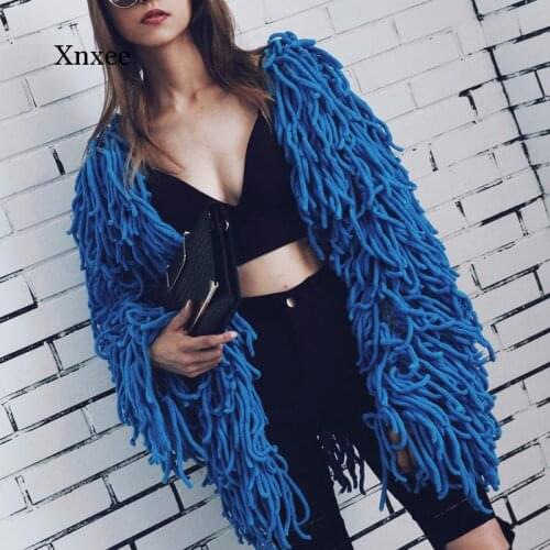 Vintage Knitting Shaggy Jacket Coat Women Sweater Soft Female Overcoat Autumn Winter Hairy Faux Fur Coat Cardigan Blue Orange