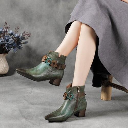 Female Genuine Leather Pointed Toe Shoes Women Boots 2021 New Autumn Winter Lady Retro Zip Sewing Handmade Flower Platform Boots