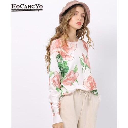 New Jumper Tops Rose Floral Print Knitted Sweater For Women Winter Warm Long Batwing Sleeves Pullovers Oversized White Sweater