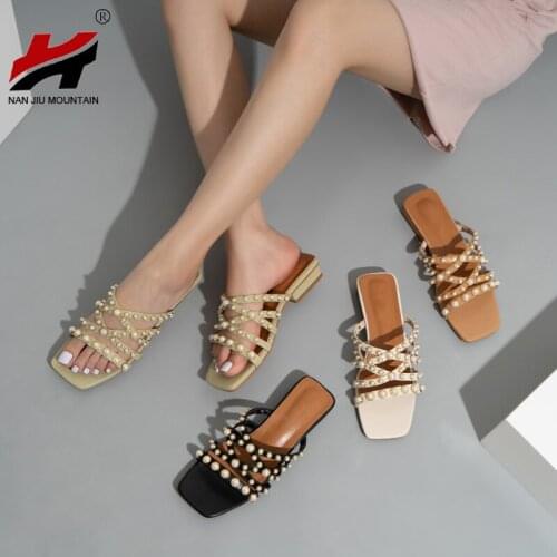 2021 Summer Flat Sandals Women Slippers Square Head Shoes Handmade Pearl Crossed Ribbons Roman Sandals 4 Colors Plus Size 42
