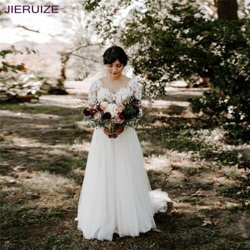 JIERUIZE White Summer Boho Wedding Dresses Long Sleeves Sheer Scoop Neck Backless Lace Appliques Bridal Gowns vestido de noiva