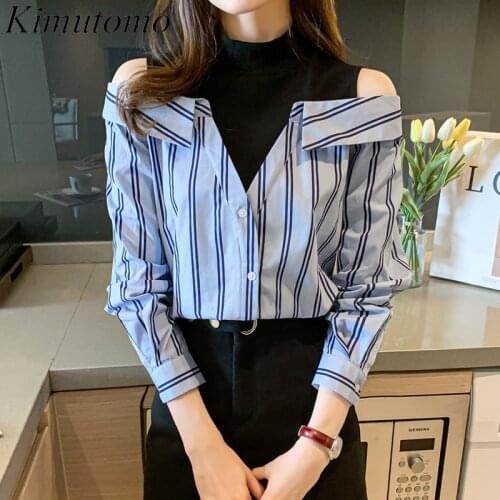 Kimutomo Fashion Striped Off Shoulder Blouse Women 2021 Spring New Korea Style Ladies Fake Two Piece Half Turtleneck Shirt