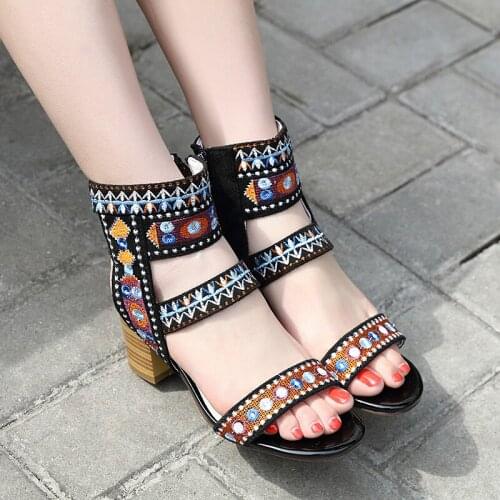 Bohemian Embroider flower modern sandals women summer thick high heels shoes ethnic high-top zipper wood heels sandalias mujer
