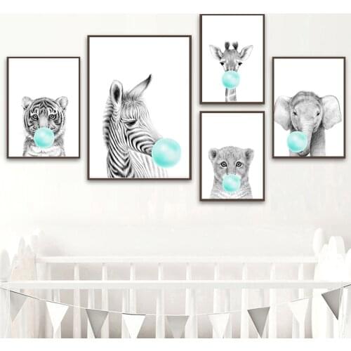 Baby Room Decoration Picture Printing Painting Nordic Green Bubble Elephant Giraffe Children Poster Animal Wall Art Canvas
