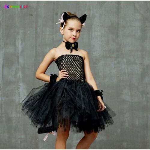Deluxe Children Halloween Black Cat Costume Girls Animal Tutu Dress with Accessories Kids Role Play Pet Birthday Party Outfit