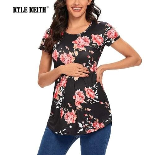 Womens Maternity Tops Short Sleeve Round Neck Print Flower Front Pleat Peplum Tunic Top Pregnancy Shirts