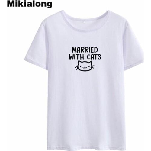 Mikialong Married with Cats Kawaii Women Tshirt 2018 Summer Black White Short Sleeve Tee Shirt Femme Casual Loose Cotton Tops