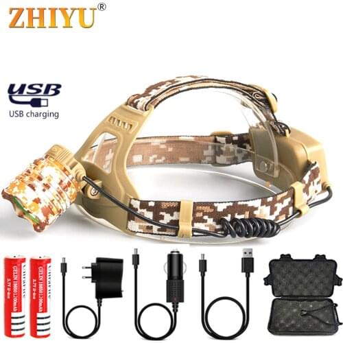 Camouflage LED Headlight Waterproof T6 Rechargeable LED Headlamp Lantern Lamp 3 Mode Hiking Camping Fishing Light 18650 Battery