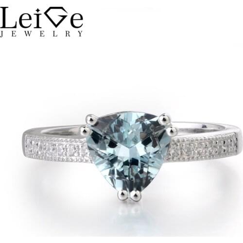 Leige Jewelry Natural Aquamarine Gemstone 925 Sterling Silver March Birthstone Trillion Cut Anniversary Rings For Woman