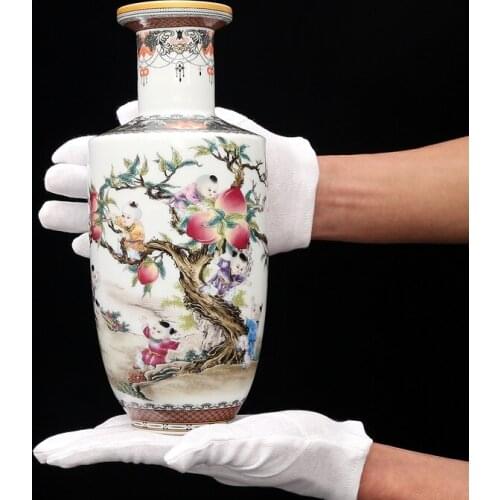 Chinese Home Decoration Boys Picking Peach Vase Antique Porcelain Collection in Qianlong Period of the Qing Dynasty