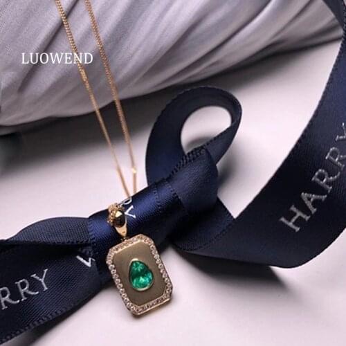 LUOWEND 100% 18K Rose Gold Pendant Necklace Women Necklace Luxury Design Genuine Emerald Pendant Birthday Gift