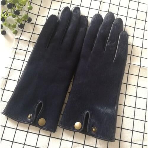Womens Natural Sheepskin Leather Caw Hair Navy Blue Glove Female Fashion Genuine Leather Driving Glove R381