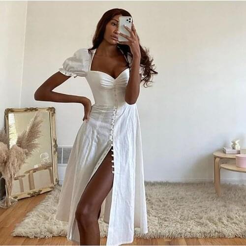 White A- Line Button Sexy Dress for Women Casual Short Sleeve Summer Dress Vestidos High Slit Midi Dress Clothes
