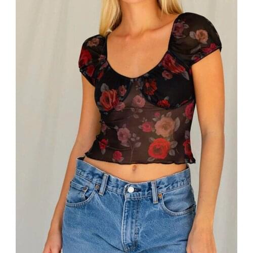 QICIUS Sexy Mesh Tops for Women Summer Casual V-Neck Vintage T Shirt Floral Print Crop Top Slim Short Sleeve Camisetas De Mujer