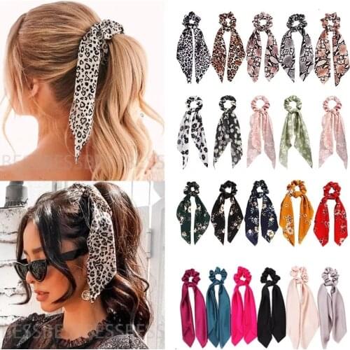 Fashion Leopard Print Bow Satin Long Ribbon Ponytail Scarf Hair Tie Scrunchies Women Girls Elastic Hair Bands Hair Accessories