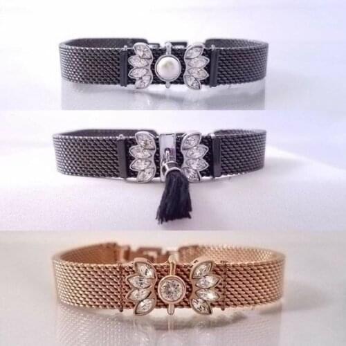 SANSHOOR Sunburst Keeper Bracelet Set With Pearl Bezel Solitaire Slide Charms and 21cm Mesh Armband Bracelet Bangles For Women