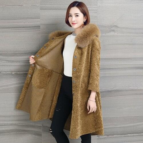 Sheap Shearing Women Warm Coat 2020 New Winter Real Fox Fur collar Long Cloak Jacket Hood Parka LX2427