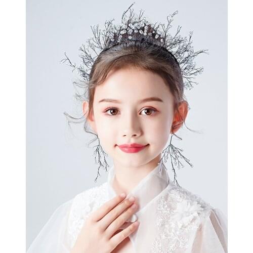 Baroque Black Tiaras Headbands For Children Crystal Kids Hairbands Crown With Earrings Set Photo Studio Accessories Girl Jewelry