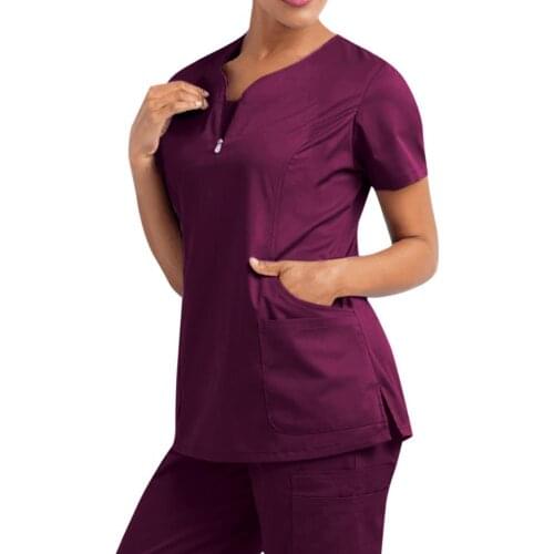 Nurse Top V-Neck Pockets Soft Short Sleeve Anti-Wrinkle Loose Doctor Uniform Workwear t shirt women 2021 Summer