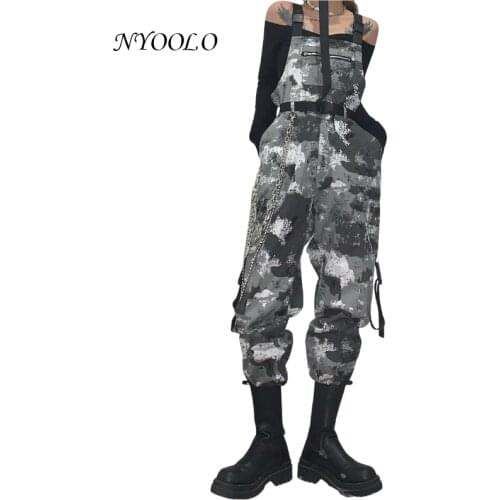 NYOOLO Vintage Streetwear Big Pockets Chain Camouflage Jumpsuit Women Casual High Waist Hip Hop Cotton Strap Cargo Pants Outwear