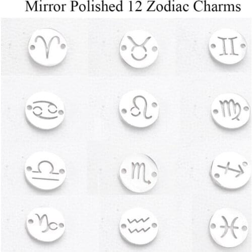 12pcs/Lot 12MM Mirror Polished Round Disc Whole Twelve Zodiac Charms With 1.5MM Two Inner Holes Constellation Accessories