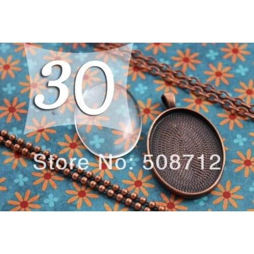 30sets DIY 22x30 mm Pendant Kits Antique Copper Oval Pendant Tray with matching Chain and Glass