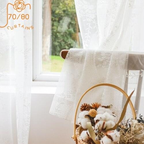 American Country Rose Embroidered Lace Mesh Curtain French Romantic Bay Window White Gauze Curtains for Living Room Bedroom