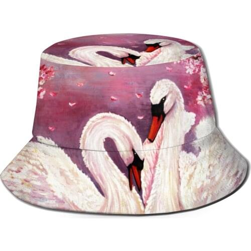CINESSD Swan Flowers Oil Painting Unisex Casual Sun Hat Bucket Hat for Men Women Bob Hip Hop Caps Summer Fisherman Hat Panama