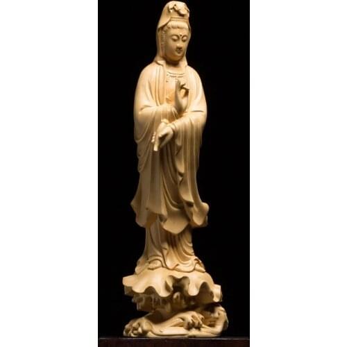 21/30CM Wood Statue Buddha Guanyin Bodhisattva Home Dedicated Feng Shui Carving Crafts Ornaments Sea Guanyin