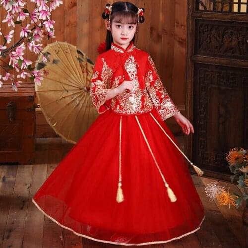 Girls' Autumn Winter Tang Costume Red New Years Dress Long Sleeves Cheongsam Performance Costume Wedding Flower Children Dress