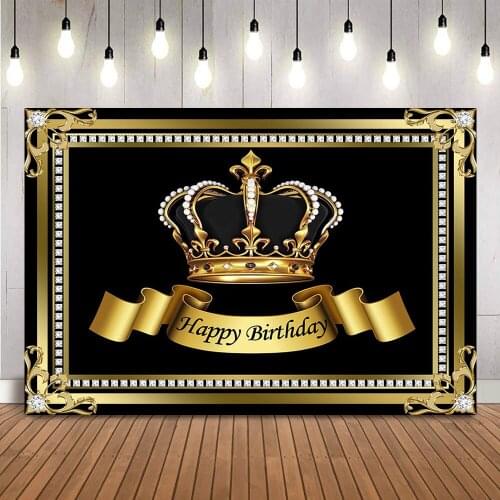 Happy Birthday Backdrop Black Crown Glitter Diamonds Background for Photo Studio Newborn Kids Boy Portrait Photoshoot Props