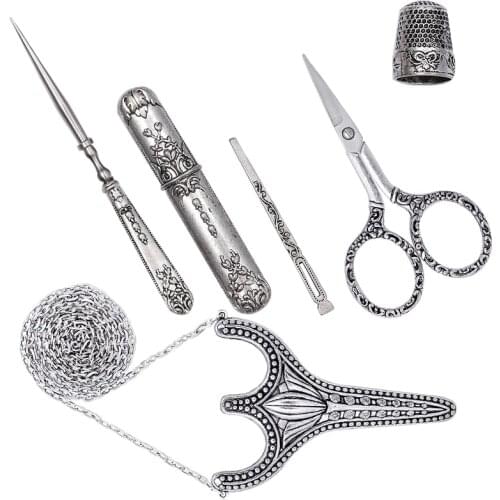 KAOBUY 5PCS Vintage Silver Antique Crafts Cutting Tools Scissors With Sheath, Sewing Needle Case,Awl,Finger Cot