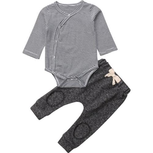 Newborn Kids Baby Boys Tops Long Sleeve Romper Stripe Pants 2Pcs Outfits Set Clothes 0-24M