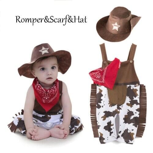 3-24M Newborn Baby Boy Outfits Clothes Sets Print Sleeveless Romper Jumpsuit Tops Scarf Hat 3pcs Set