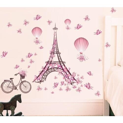 Creative 3D Eiffel Tower Bicycle Flower Hot Air Balloon Wall Stickers Decals Living Room Bedroom Decoration Wedding Decoration