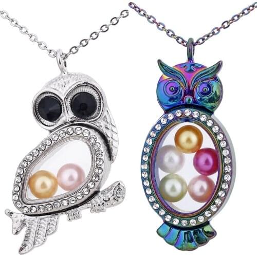 Statement Pendant Necklace Owl Wings Glass Locket 50cm Steel Chain Necklace Pearl Cage Pendant for 8mm Pearl