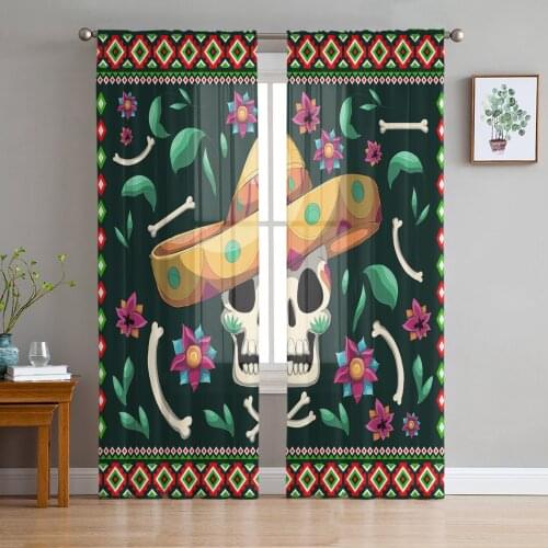 Mexican Skull Straw Hat Tulle Sheer Window Curtains for Living Room Kitchen Children Bedroom Voile Hanging Curtain