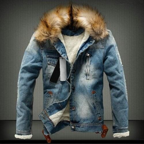 B 2019 Mens Denim Jacket with Fur Collar Retro Ripped Fleece Jeans Man Jacket and Coat for Autumn Winter plus size 4XL