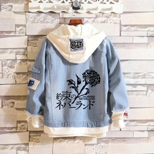 Anime The Promised Neverland Cosplay Cowboy Hoodies & Sweatshirts Men Women Cute Cartoon Print Hooded Denim Jacket Coat C66M260