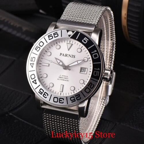 PARNIS Brand Top Quality 42mm Stainless Steel Automatic Wristwatch Men Date Window Sapphire Glass Mental Strap