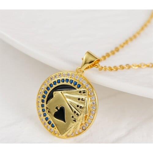 Punk Style Copper Metal CZ Cubic Zirconia Playing Cards Necklaces & Pendants For Women Stainless Steel Chain Gold Color Necklace