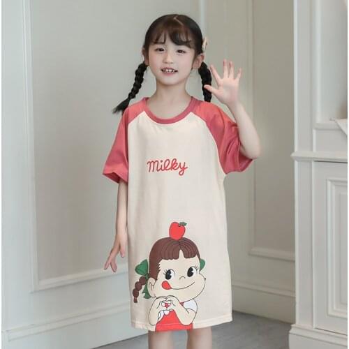 Girls Princess Nightgowns Summer Children Short Sleeve Cartoon Nightdress Knitted Cotton Pajamas Sleepwear Kids Girl Nightgown