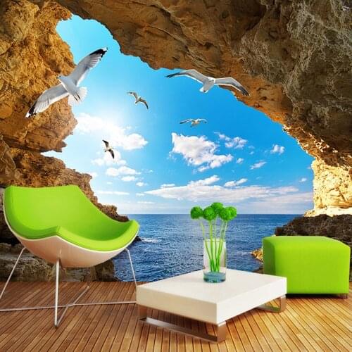Custom Photo Wallpaper Murals 3D Blue Sky White Clouds Seagulls Cave Landscape Mural Wall Home Interior Decoration Wall Paper