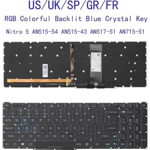 US UK Spanish German French New Keyboard for Acer Nitro 5 AN515-54 AN515-43 AN517-51 AN715-51 RGB Colorful Backlit Blue Crystal