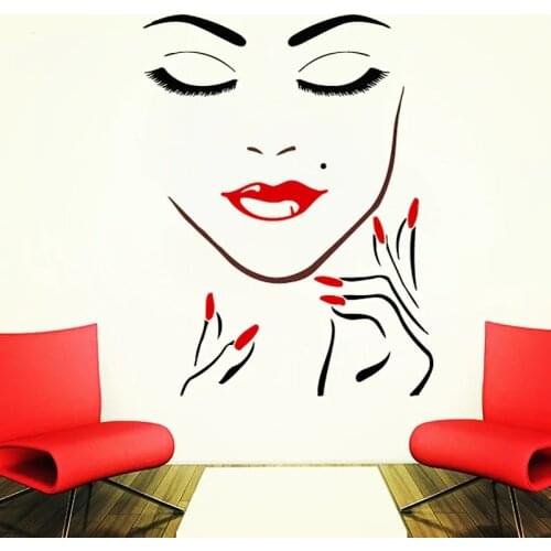 Beauty Girl Face Vinyl Wall Sticker Manicure Nail Lips Make Up Wall Decal Beauty Salon Window Sticker Decor Lashes Murals AZ043