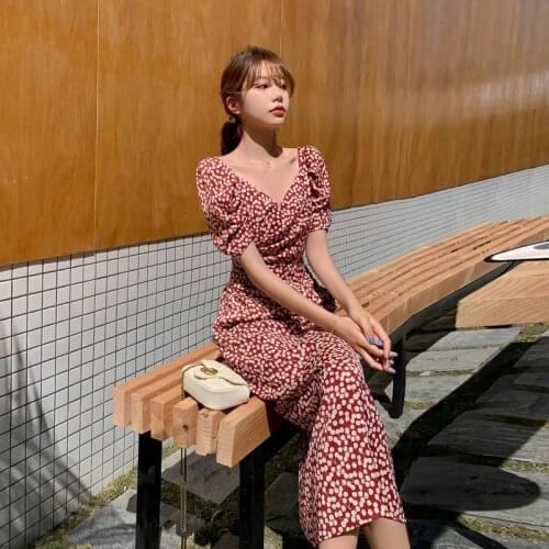 Vintage Floral Print Long Dress Sexy V-Neck Retro Puff Sleeve Boho Chiffon Women Dresses Summer Fairy Dress Robe Ete Femme 2020