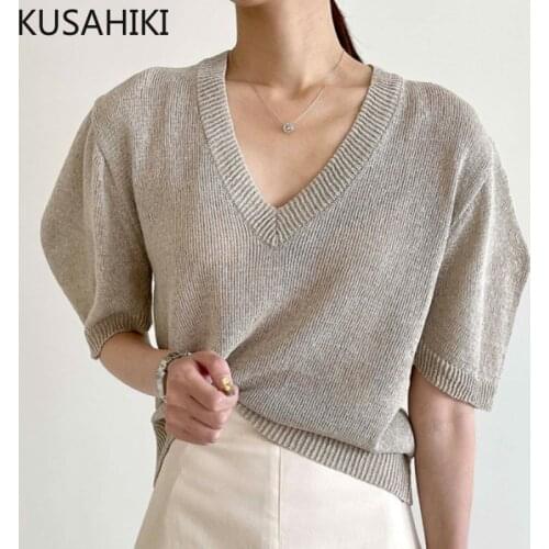 KUSAHIKI Vintage Pullover Ice Silk Knitted T Shirts Lantern Sleeve V-neck Graphic Tee 2021 New Causal Woman Tops Shirt 6K920