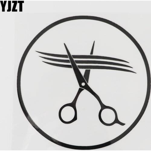 YJZT 14CM×14CM Hairdressing Scissors Comb Car Sticker Circular Outline Vinyl Decal Black/Silver 13E-0002