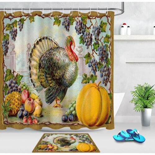 Thanksgiving Shower Curtain And Mat Hand Drawn Turkey Fall Harvest Pumpkin and Fruits Cloth Fabric Bathroom Decor Set with Hooks