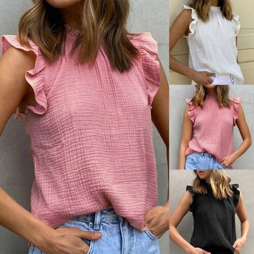 Womens Fashion Casual Side High Neck Ruffle Sleeveless T-Shirt Top